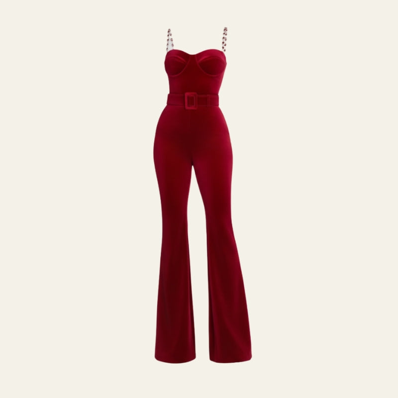 The Verona Jeweled-Strap Flared Jumpsuit