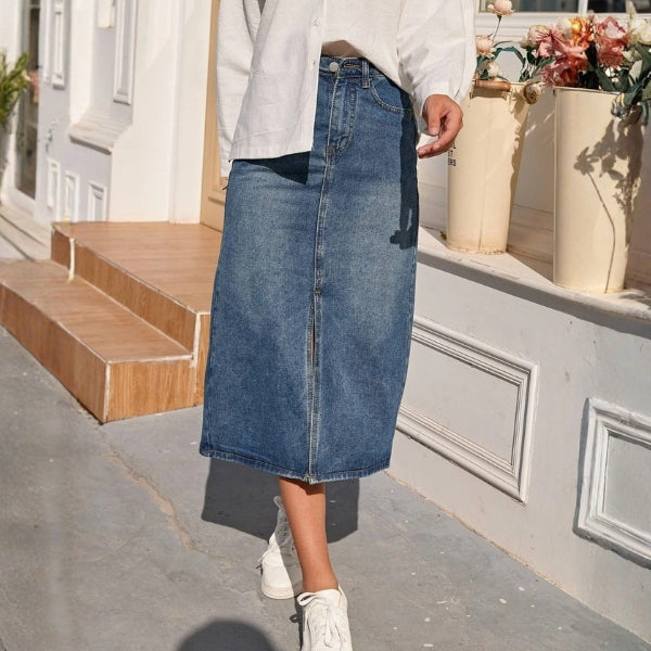 The Shoreline Front-Split Denim Skirt