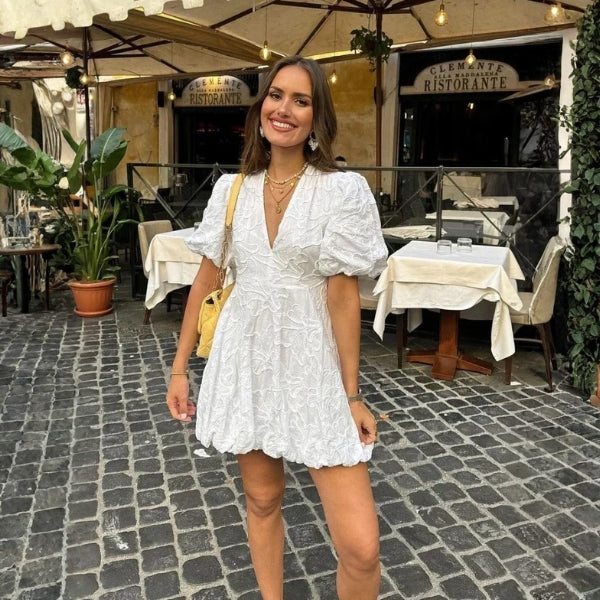 The Capri Textured Puff-Sleeve Mini Dress