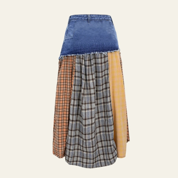 The Aspen Patchwork Denim-Waist Midi Skirt