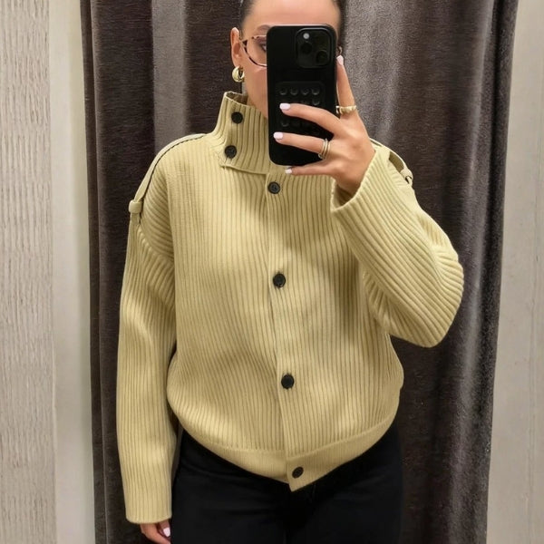 The Milan Ribbed Stand-Collar Cardigan