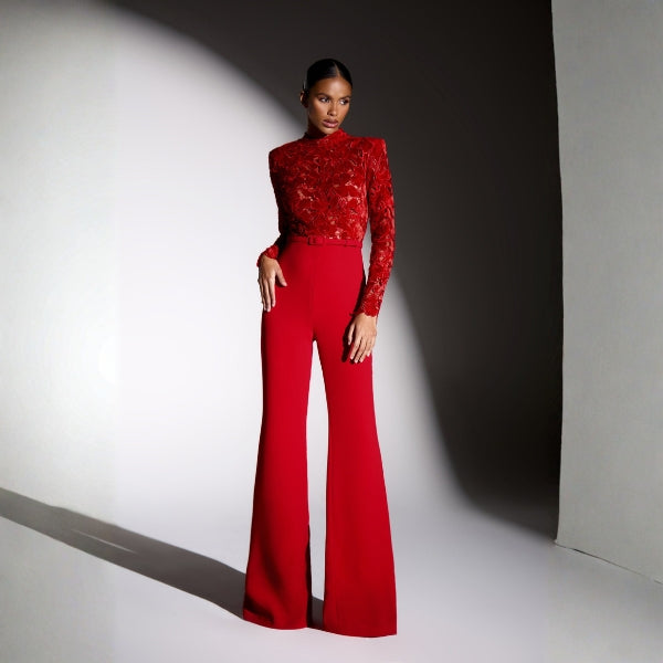 The Valencia Lace-Bodice Belted Jumpsuit