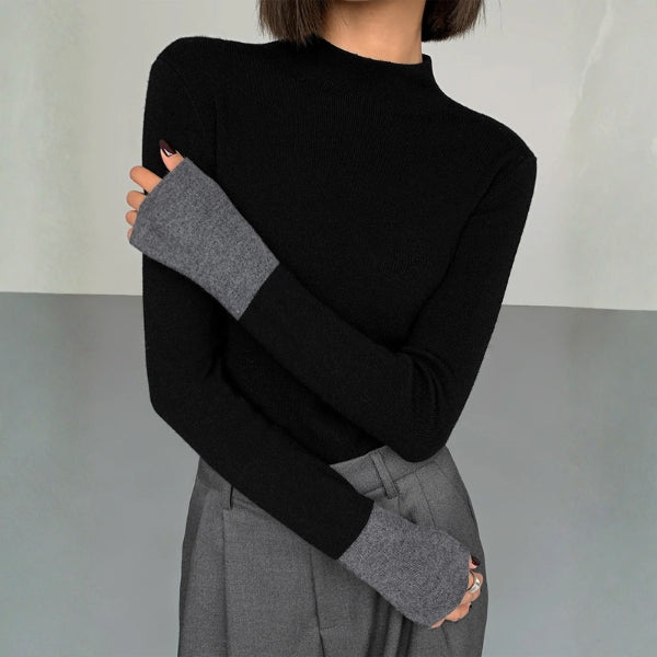 The Milano Contrast-Cuff Mock Neck Knit Top