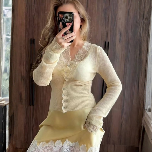 The Paris Lace-Trim Ribbed Cardigan