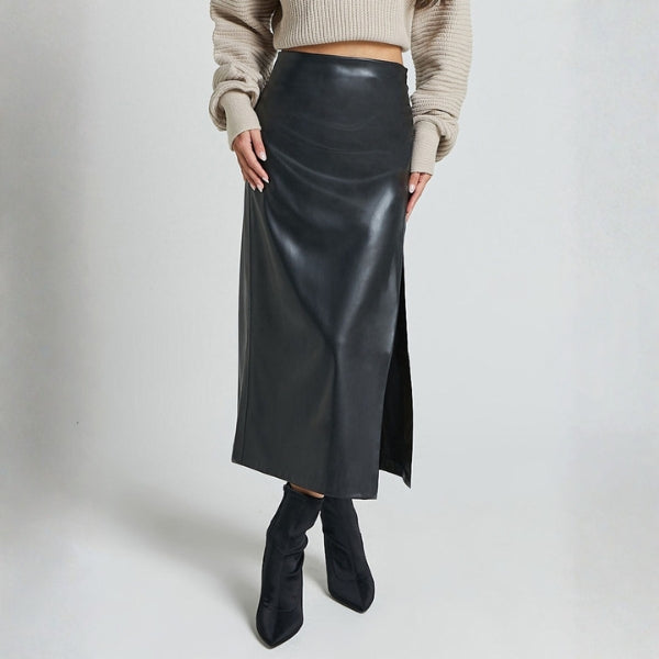 The Monaco Leather Side-Slit Midi Skirt