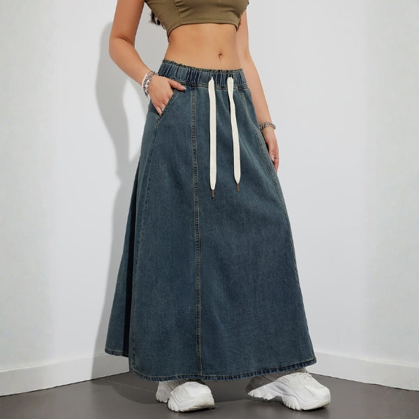 The Shoreline Drawstring Denim Maxi Skirt