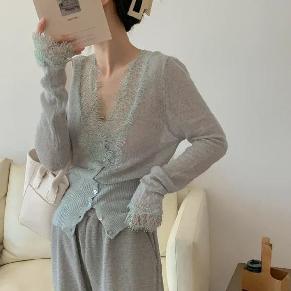 The Paris Lace-Trim Ribbed Cardigan