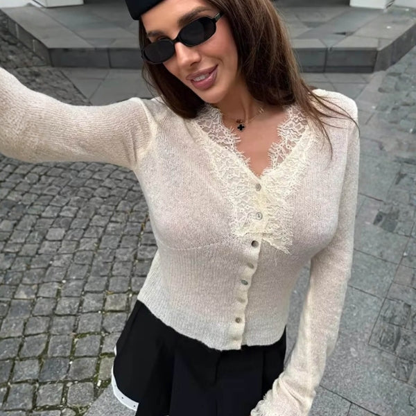 The Paris Lace-Trim Ribbed Cardigan