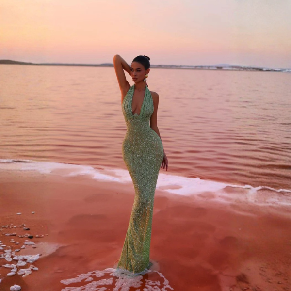 The Celestine Sequin Halter Maxi Dress