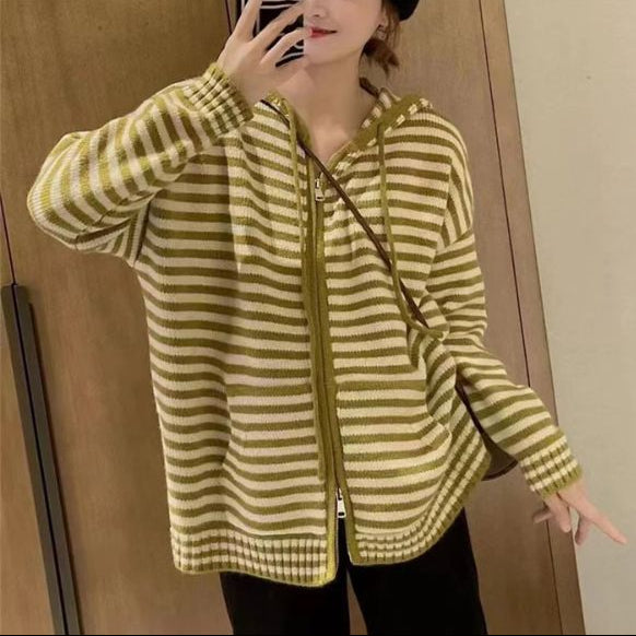 The Marentis Striped Zip-Up Knit Hoodie