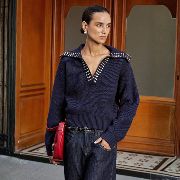 The Norinne Studded Collar V-Neck Sweater