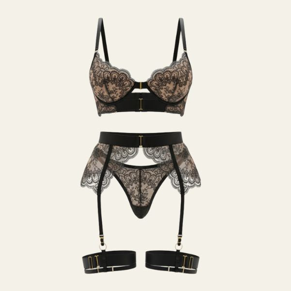 Lace Strappy Three-Piece Lingerie Set with Garter Belt main image 1