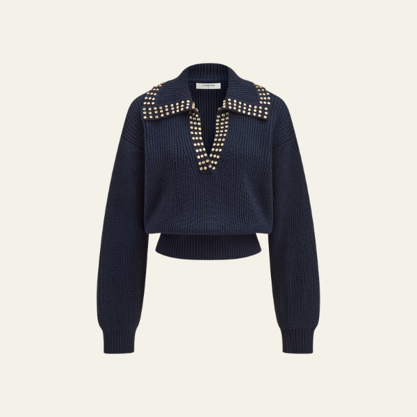 The Norinne Studded Collar V-Neck Sweater