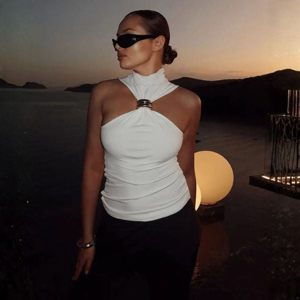 The Aurélie High-Neck Halter Top with Gold Detail