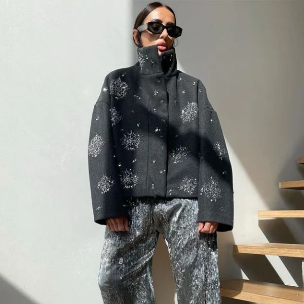 The Elara Embellished High-Collar Pea Coat