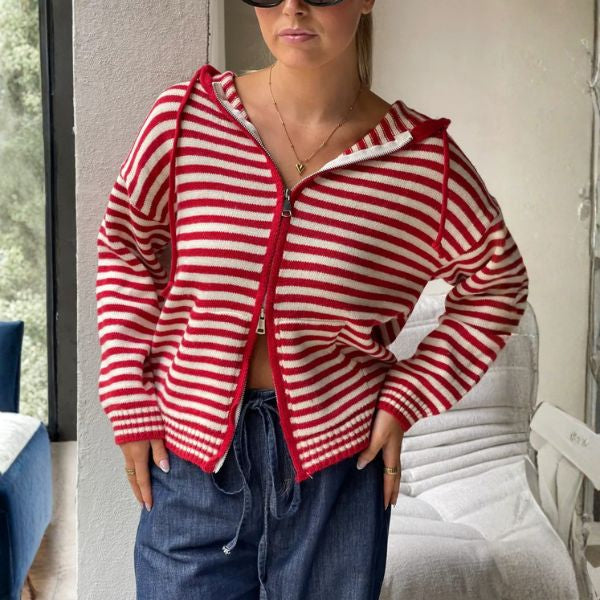 The Marentis Striped Zip-Up Knit Hoodie