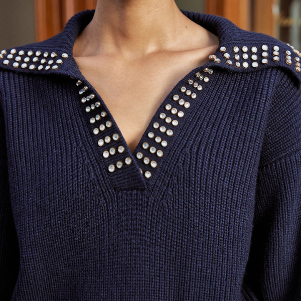 The Norinne Studded Collar V-Neck Sweater