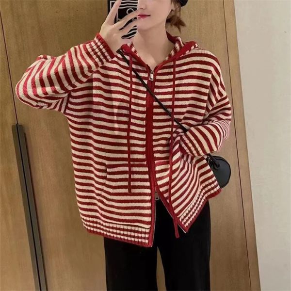 The Marentis Striped Zip-Up Knit Hoodie