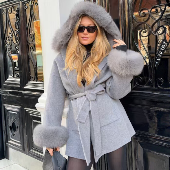 The Arlena Hooded Trim Wrap Coat