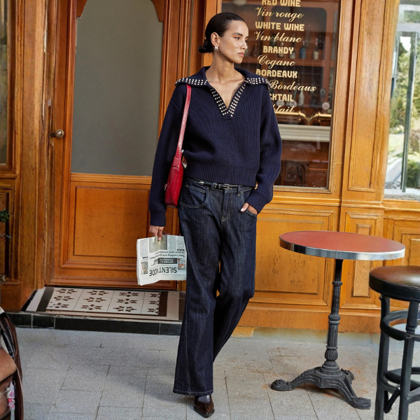 The Norinne Studded Collar V-Neck Sweater