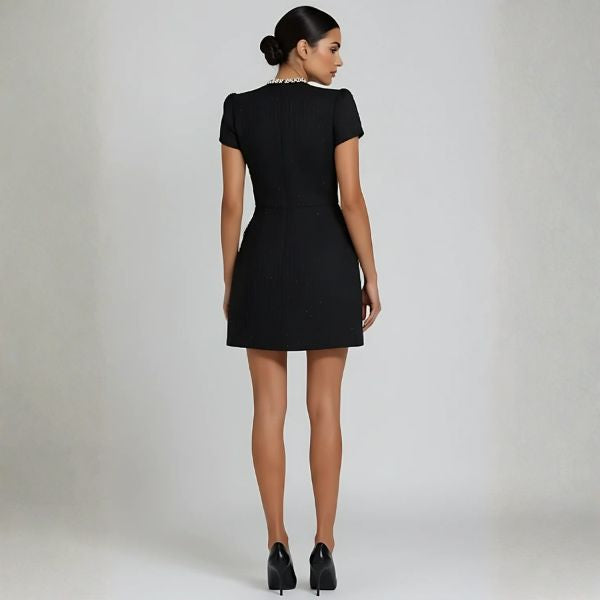 The Vienna Structured Pearl-Trim Mock Neck Dress