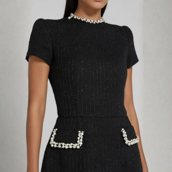 The Vienna Structured Pearl-Trim Mock Neck Dress