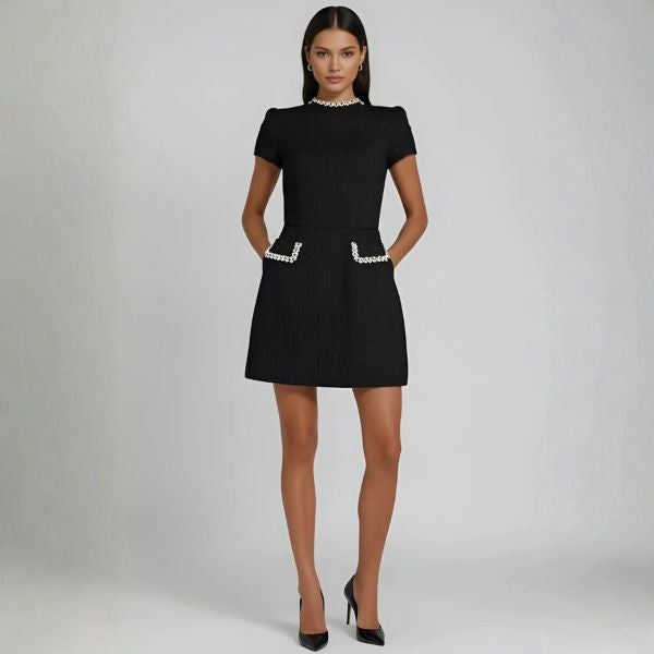 The Vienna Structured Pearl-Trim Mock Neck Dress