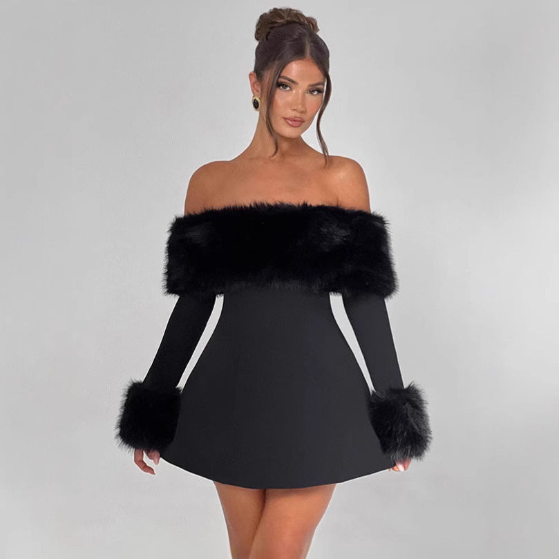 The Capri Off-Shoulder Faux-Fur Trim Mini Dress