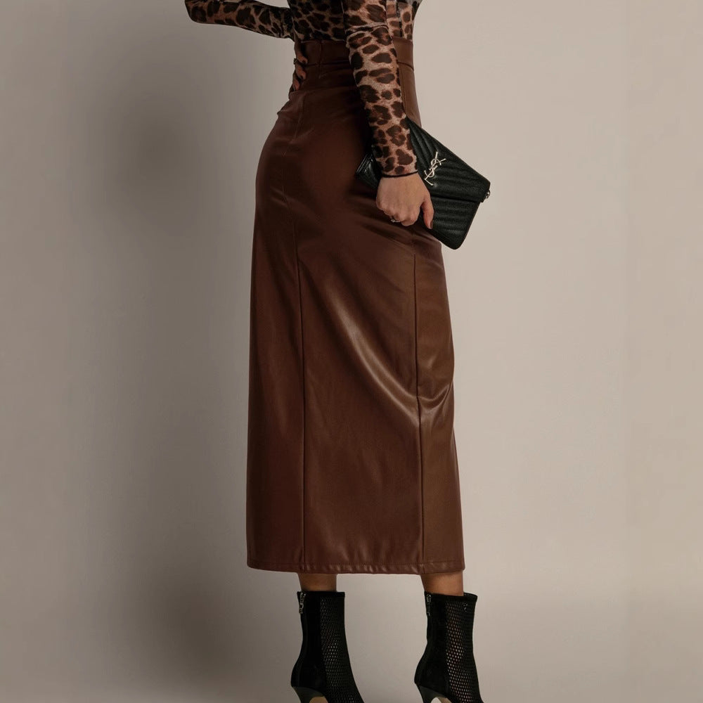 The Verona Leather Front-Slit Midi Skirt