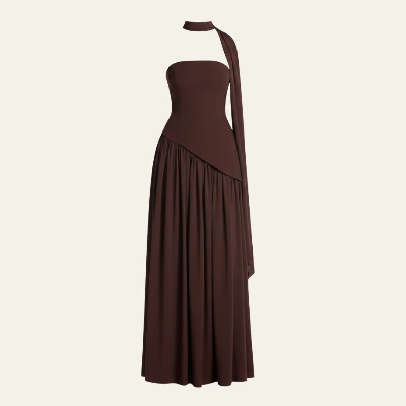 The Riviera Asymmetric-Waist Strapless Maxi Dress