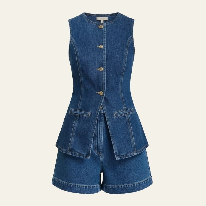 The Riviera Button-Front Denim Vest and Short Set