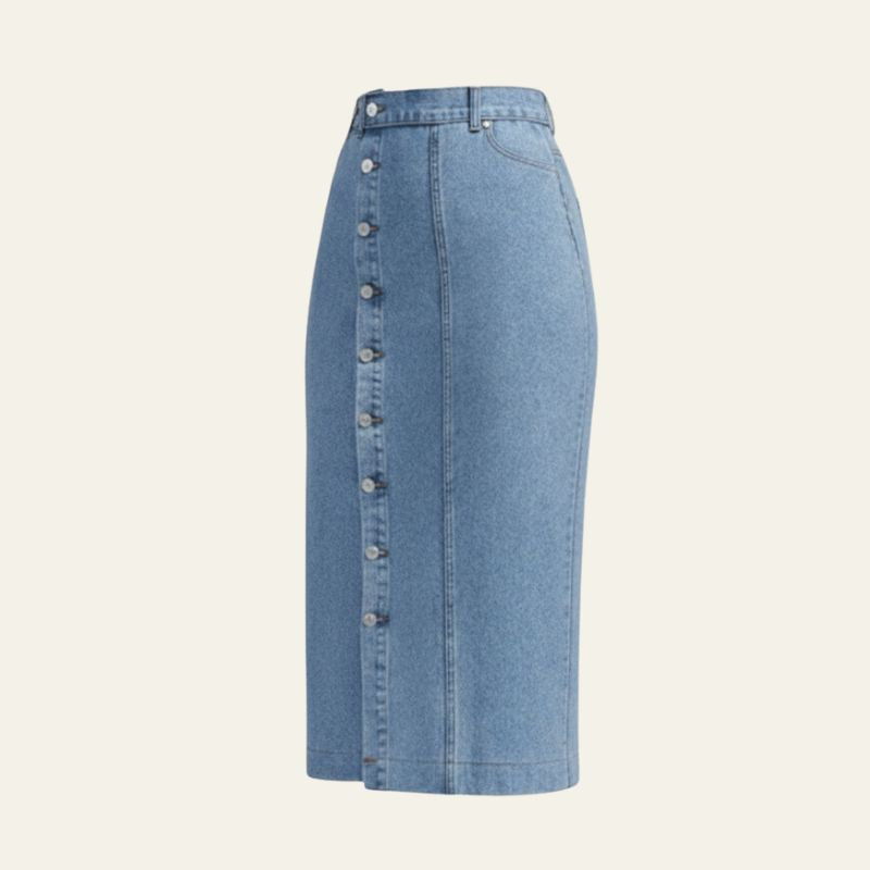 The Riviera Button-Side Denim Midi Skirt
