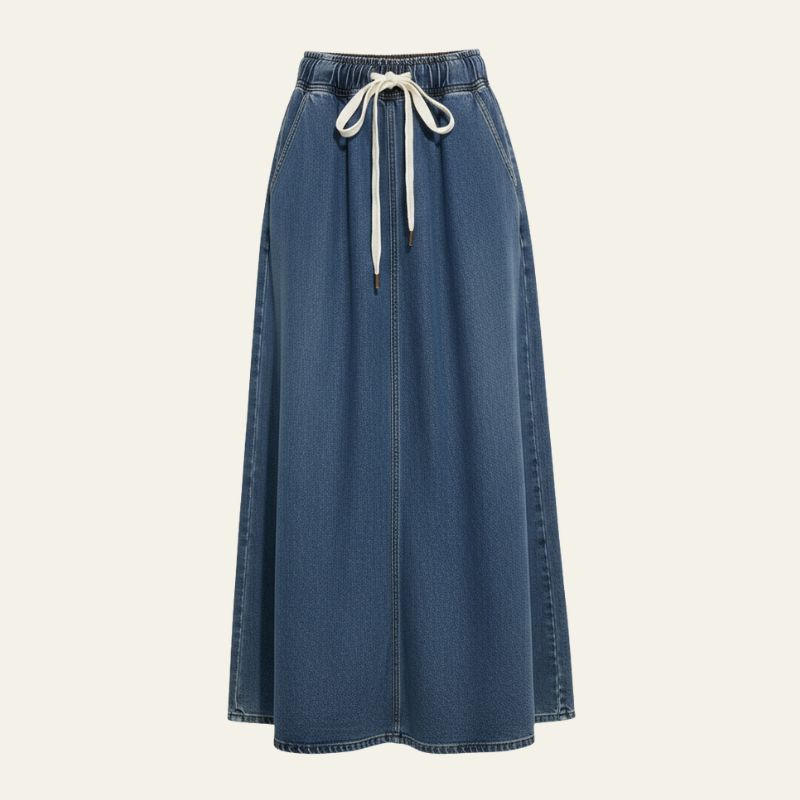 The Shoreline Drawstring Denim Maxi Skirt