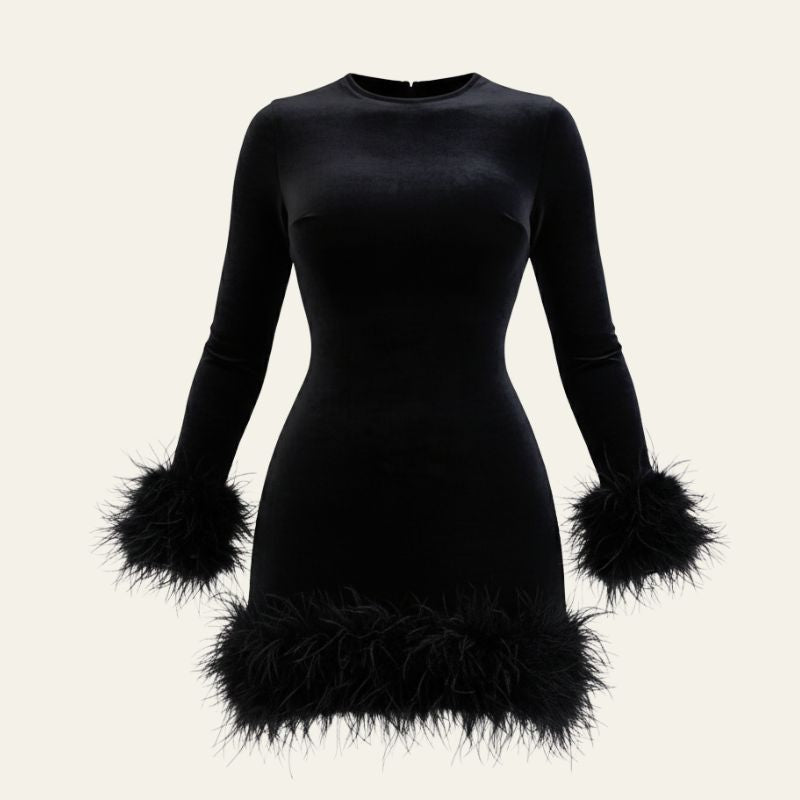 The Sorrento Feather-Trim Long-Sleeve Mini Dress
