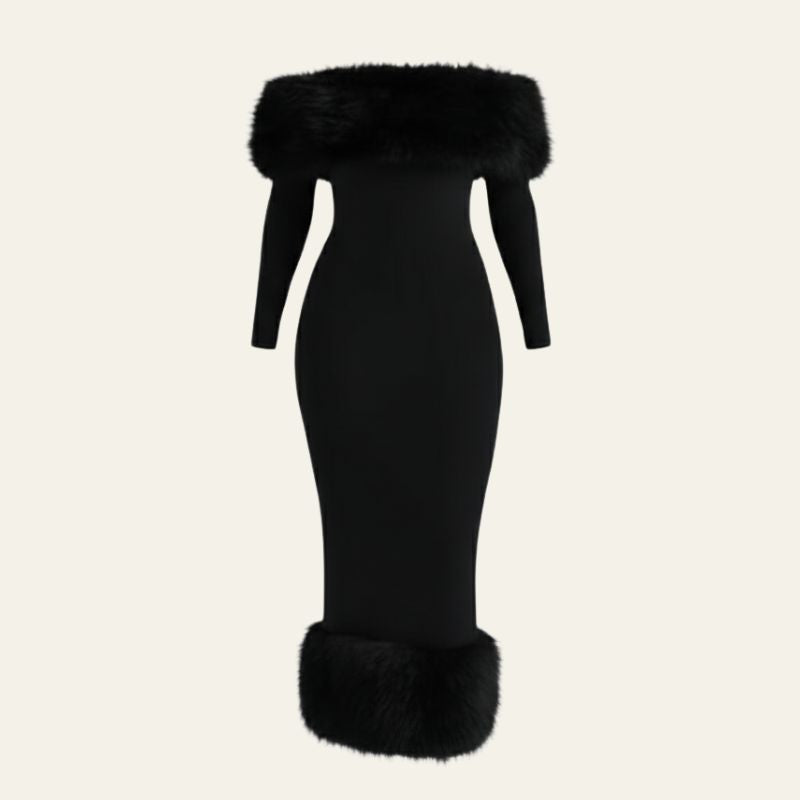 The Riviera Faux-Fur Trim Off-Shoulder Maxi Dress