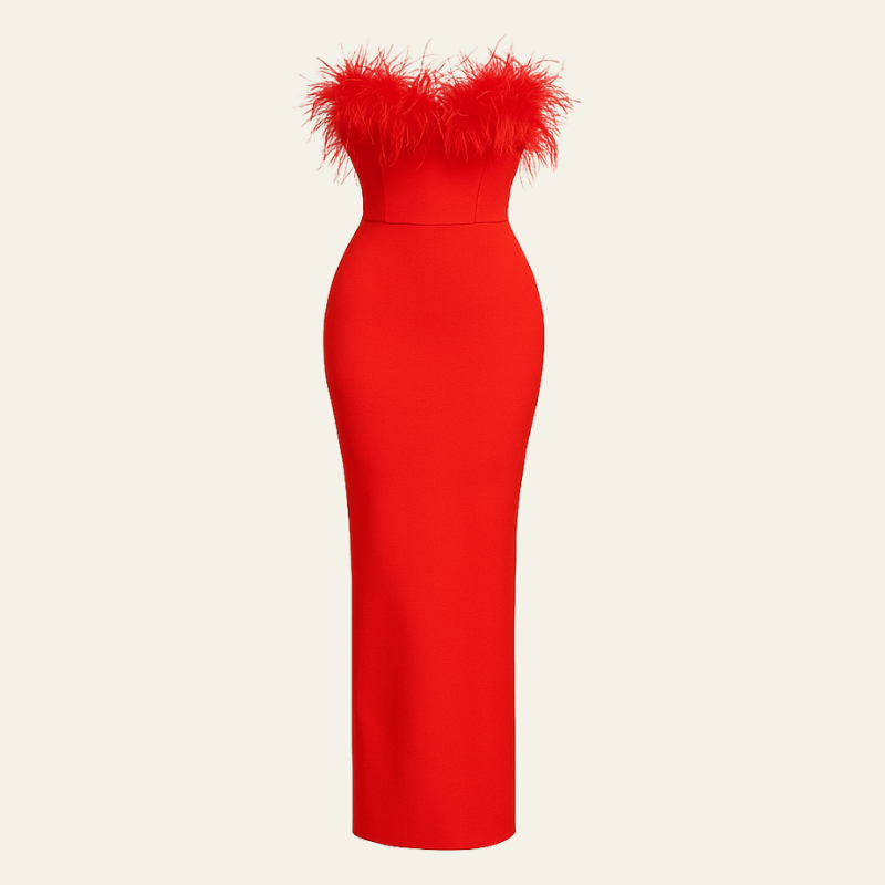 The St. Moritz Feathered Evening Maxi Strapless Dress