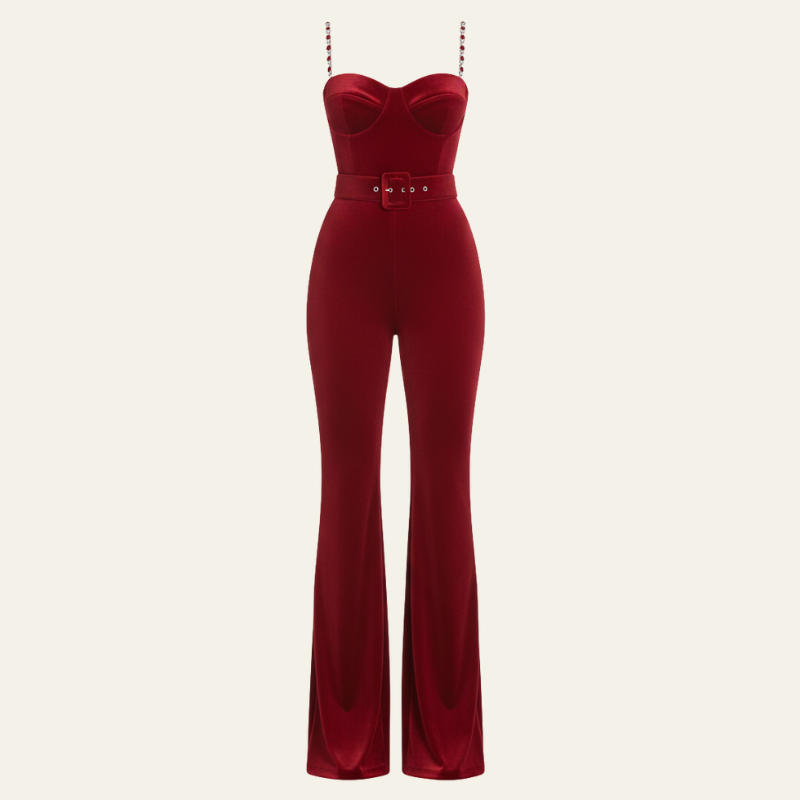 The Verona Jeweled-Strap Flared Jumpsuit