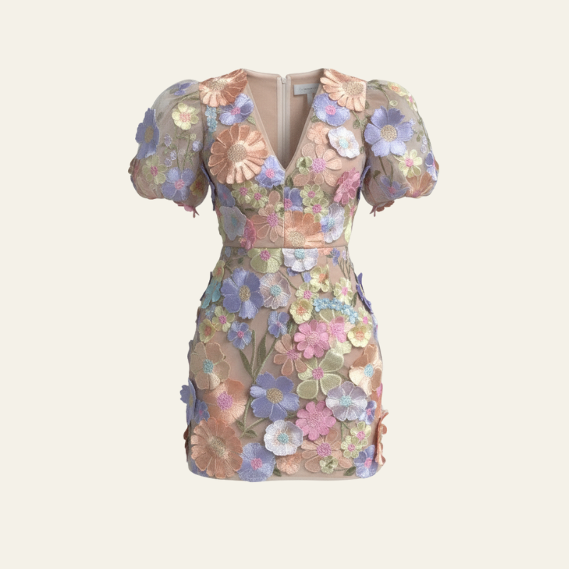 The Valencia Embroidered Floral Puff-Sleeve Dress