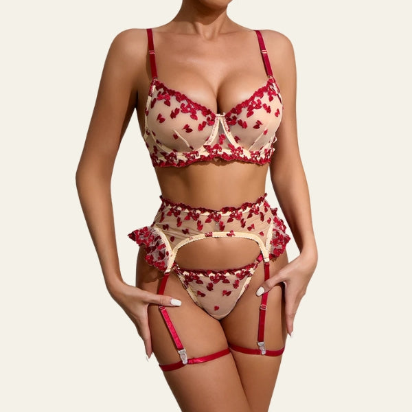 The Valentine Heart-Embroidered Lingerie Set