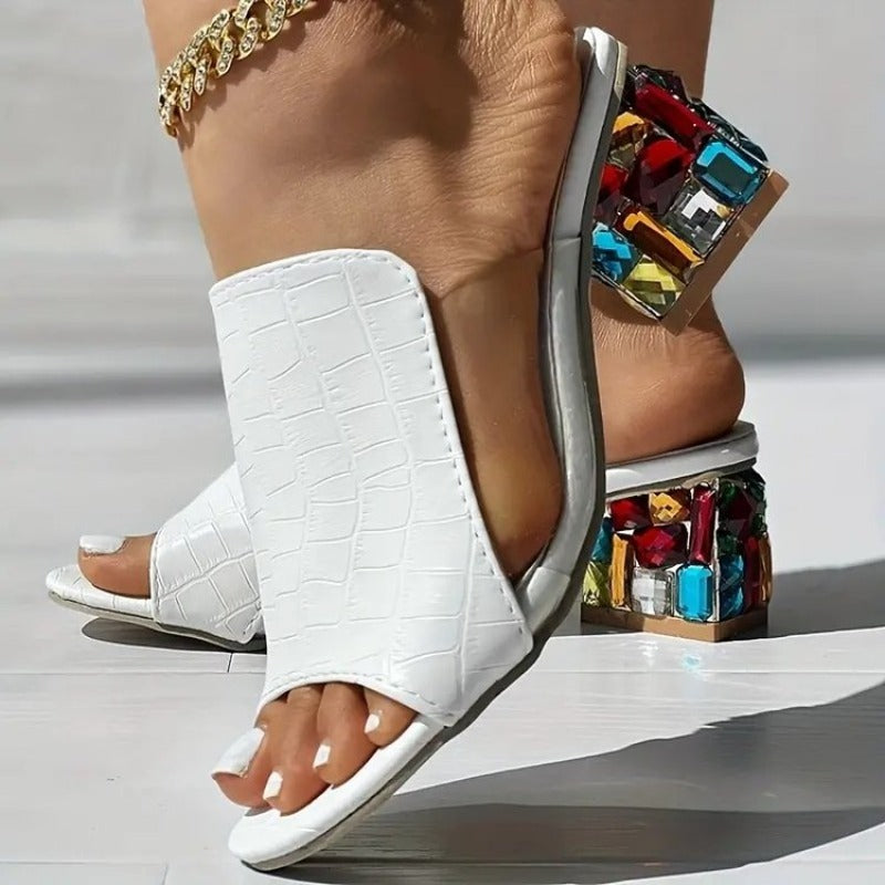 The Riviera Jewel-Heel Square-Toe Mules