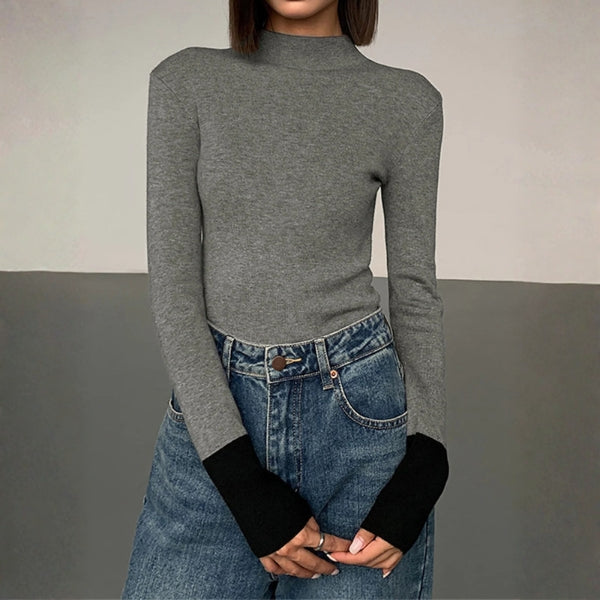 The Milano Contrast-Cuff Mock Neck Knit Top