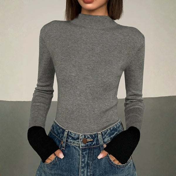 The Milano Contrast-Cuff Mock Neck Knit Top