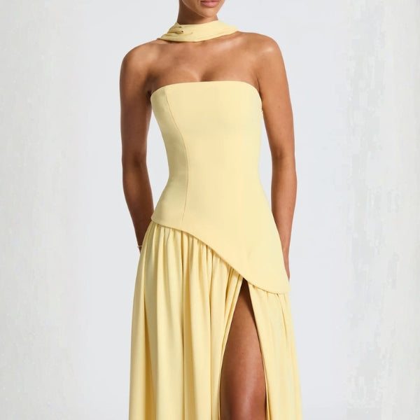 The Riviera Asymmetric-Waist Strapless Maxi Dress