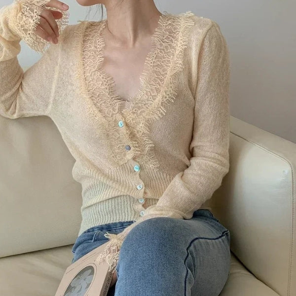 The Paris Lace-Trim Ribbed Cardigan