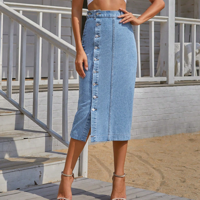 The Riviera Button-Side Denim Midi Skirt
