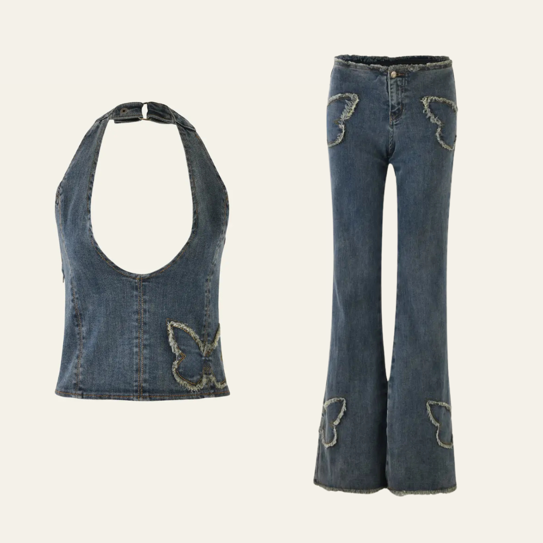 Denim Butterfly Halter Top & Flared Jeans Set