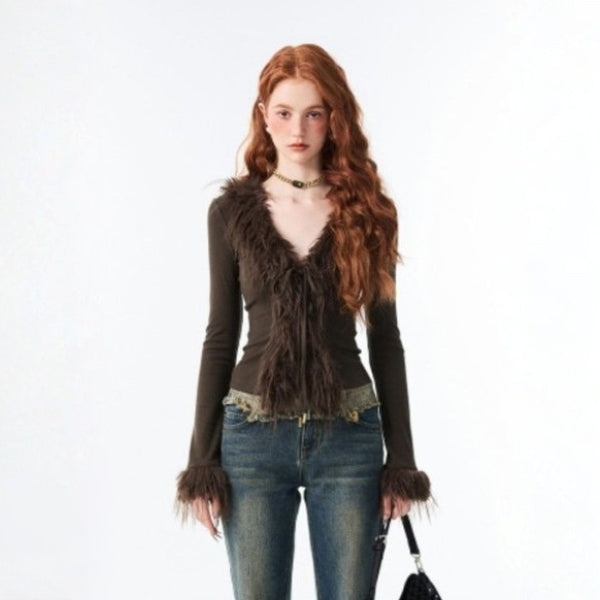 The Geneva Faux-Fur Trim V-Neck Knit Top