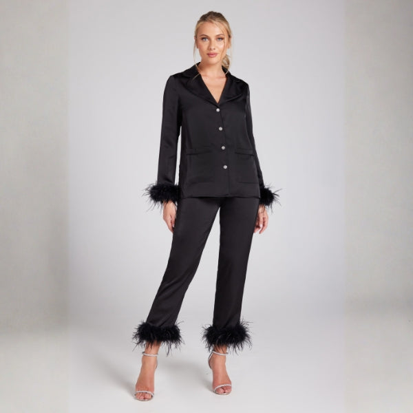 The Darcie Feather-Trim Satin Pajama Set