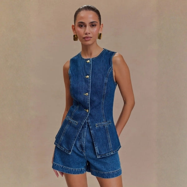 The Riviera Button-Front Denim Vest and Short Set