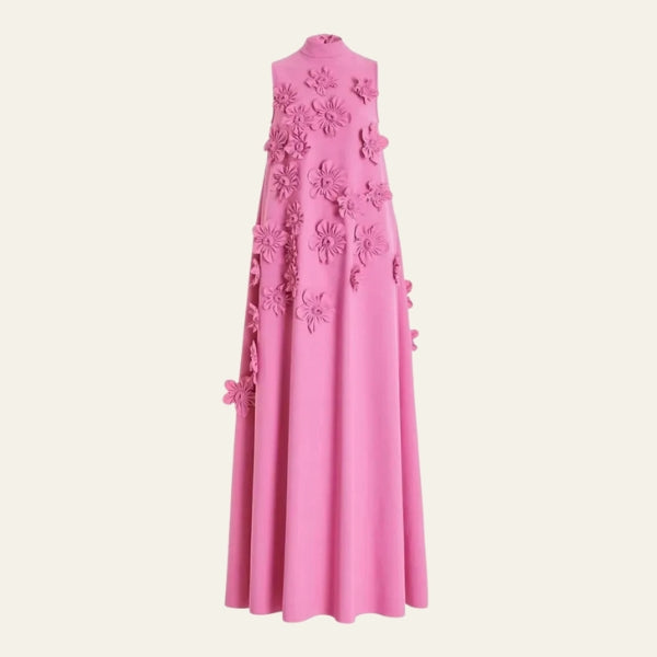 The Verona Floral-Appliqué Mock-Neck Maxi Dress